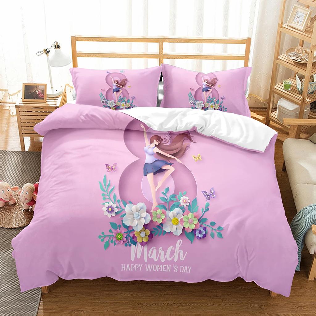 Comforter Romantic Floral Happy Women'S Day Bedding Set Polyester March 8 Comforter Single King Size For Mother Gift