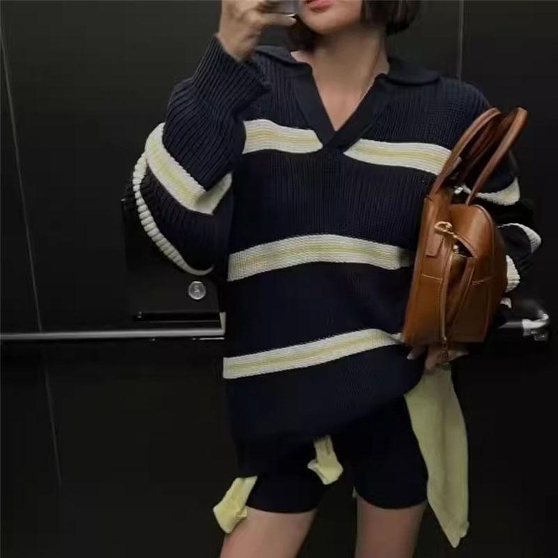 

Осень и зима новый свободный модный ретро лацкан полосатый толстый вязаный свитер + повседневные шорты двойка простой темперамент one size fits all тёмно-синий