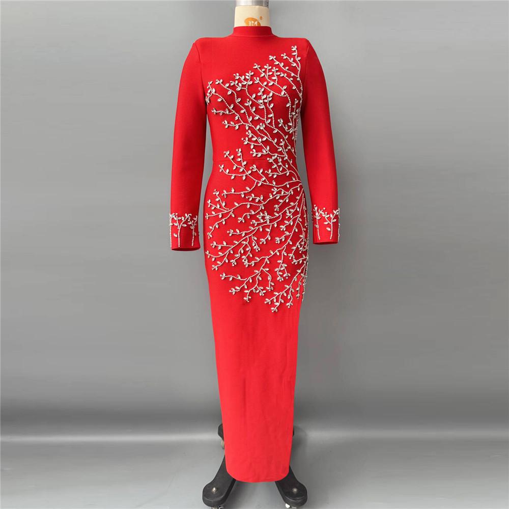 European and American Studded Bandage Long Sleeve Evening Gown - Slim Fit Socialite Party Dress