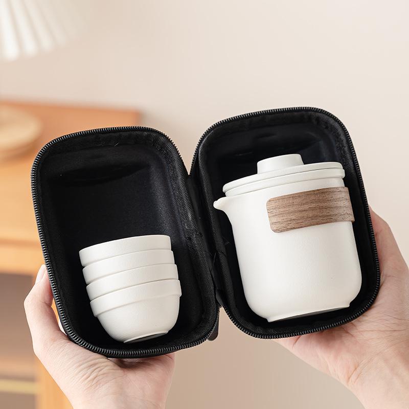 Portable Ceramic Travel Tea Set: Quick-Brew Pot & 4 Cups for Outdoor & Car Use, Simple Carry-Along Gift