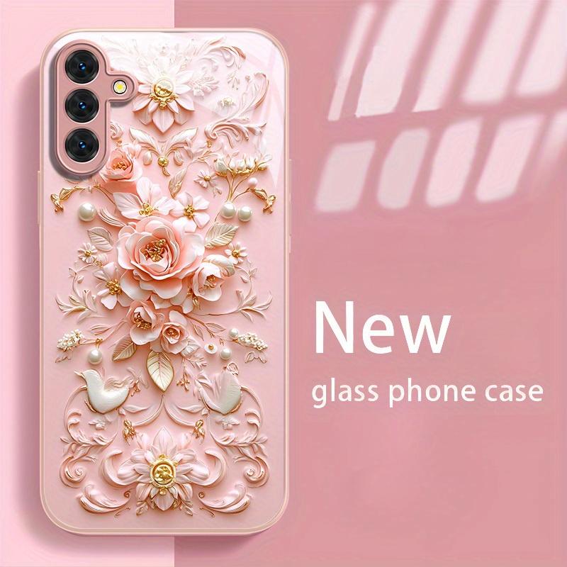 Pink floral metallic paint glass phone case suitable for Samsung Galaxy S26 S25 S24 S23 S22 S21 S20 FE/Ultra/Plus anti drop