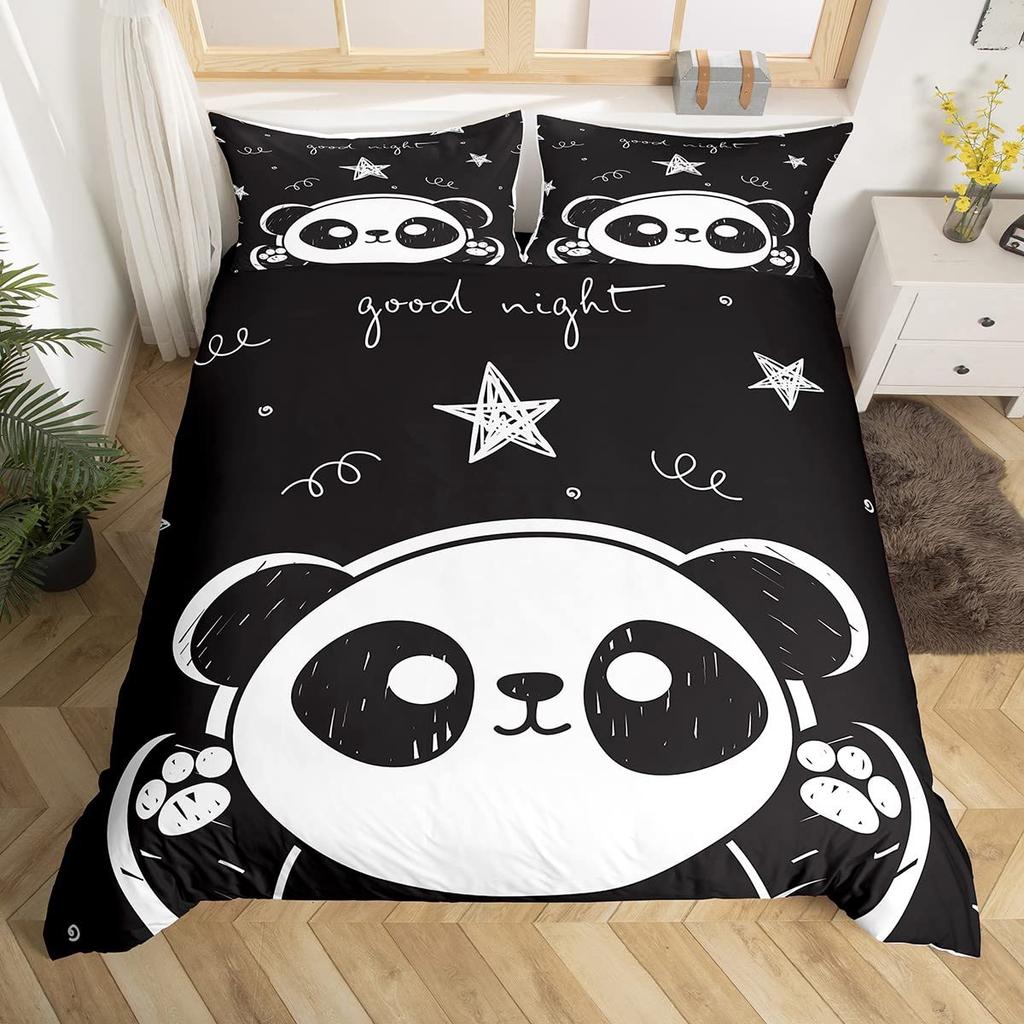 Kid Duvet Cover Twin, Cute Panda Bedding Set for Bedroom Decor, Kawaii Black White Bear Comforter Cover for Children Boys Girls