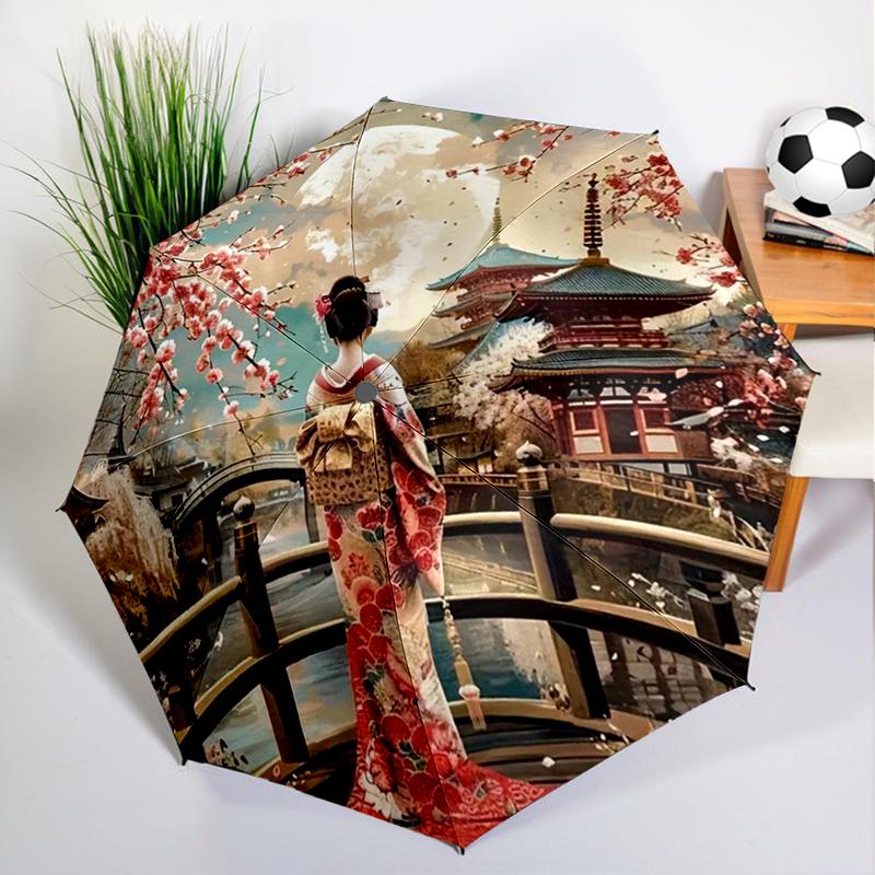 Japanischer Kirschblüten-Geisha-Schirm, Automatisches Öffnen/Schließen, Stabiler Eisenrahmen & 8-Rippen-Struktur, Schirm für Damen & Herren, Weihnachtsgeschenk