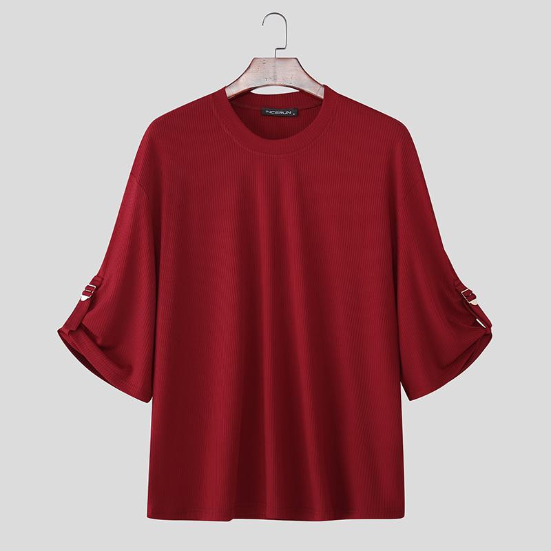 INCERUN Oversized Men Round Neck 3/4 Sleeve Rib Casual Loose T-Shirts Tops