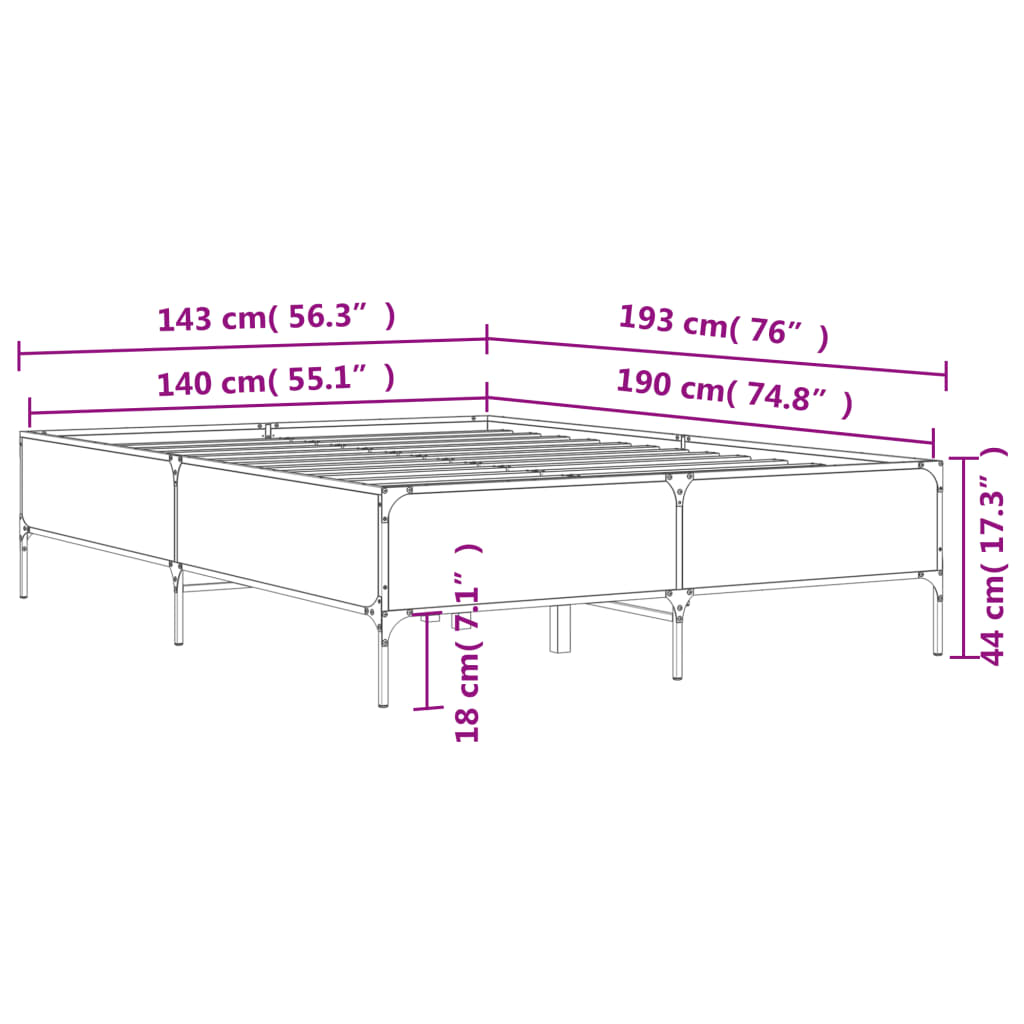 Bed Frame Sonoma Oak 140 x 190 cm Engineered Wood and Metal