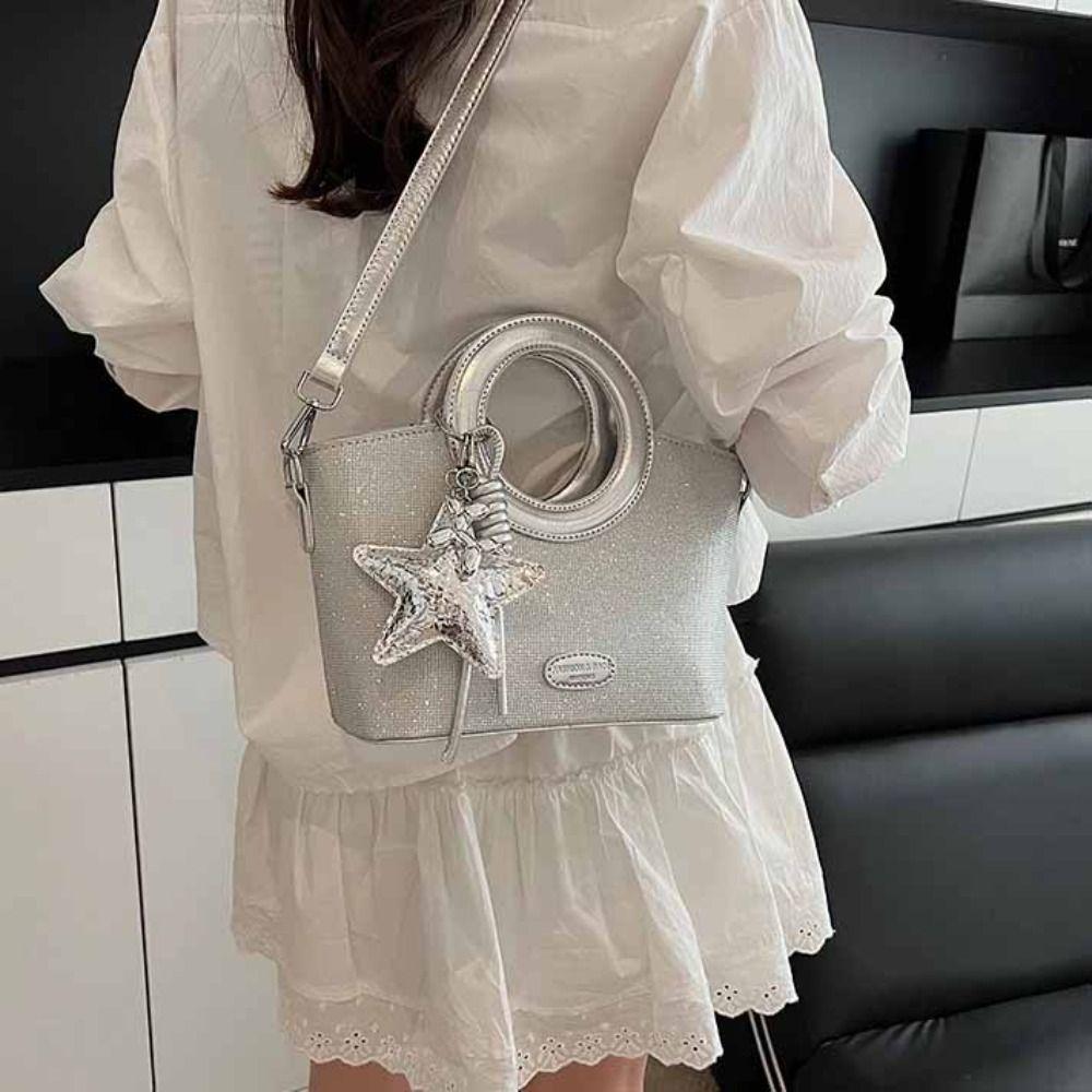 Shoulder Bag Small Basket Bag PU Shining Banquet Handbag Fashionable Sweet Star Silver Bag  Women