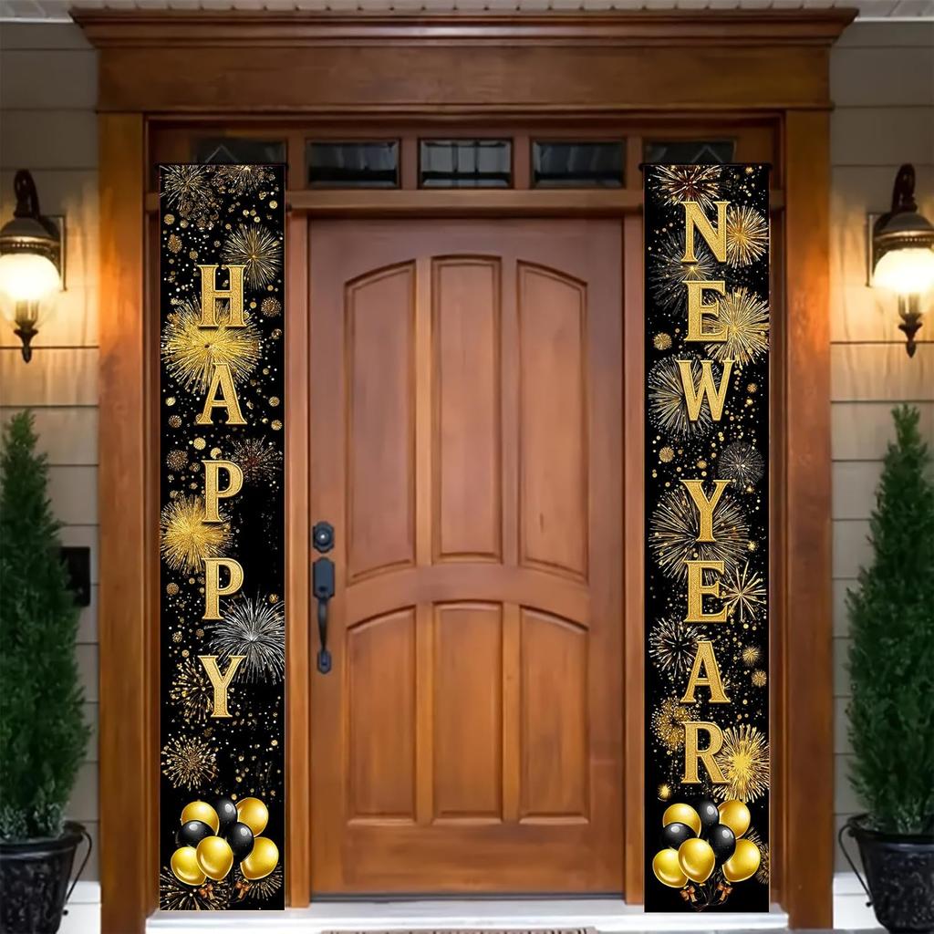 New Year Banners for Outside 12x71 Inches Happy New Year Porch Decorations Gold Letter Door Hanging Signs Party Porch Decor for Indoor Outdoor