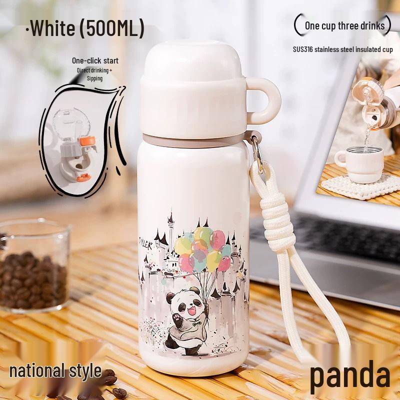 Sakura Panda 2024 Insulated Water Bottle with Lid - Large Capacity for School, Mini Cup for Girls