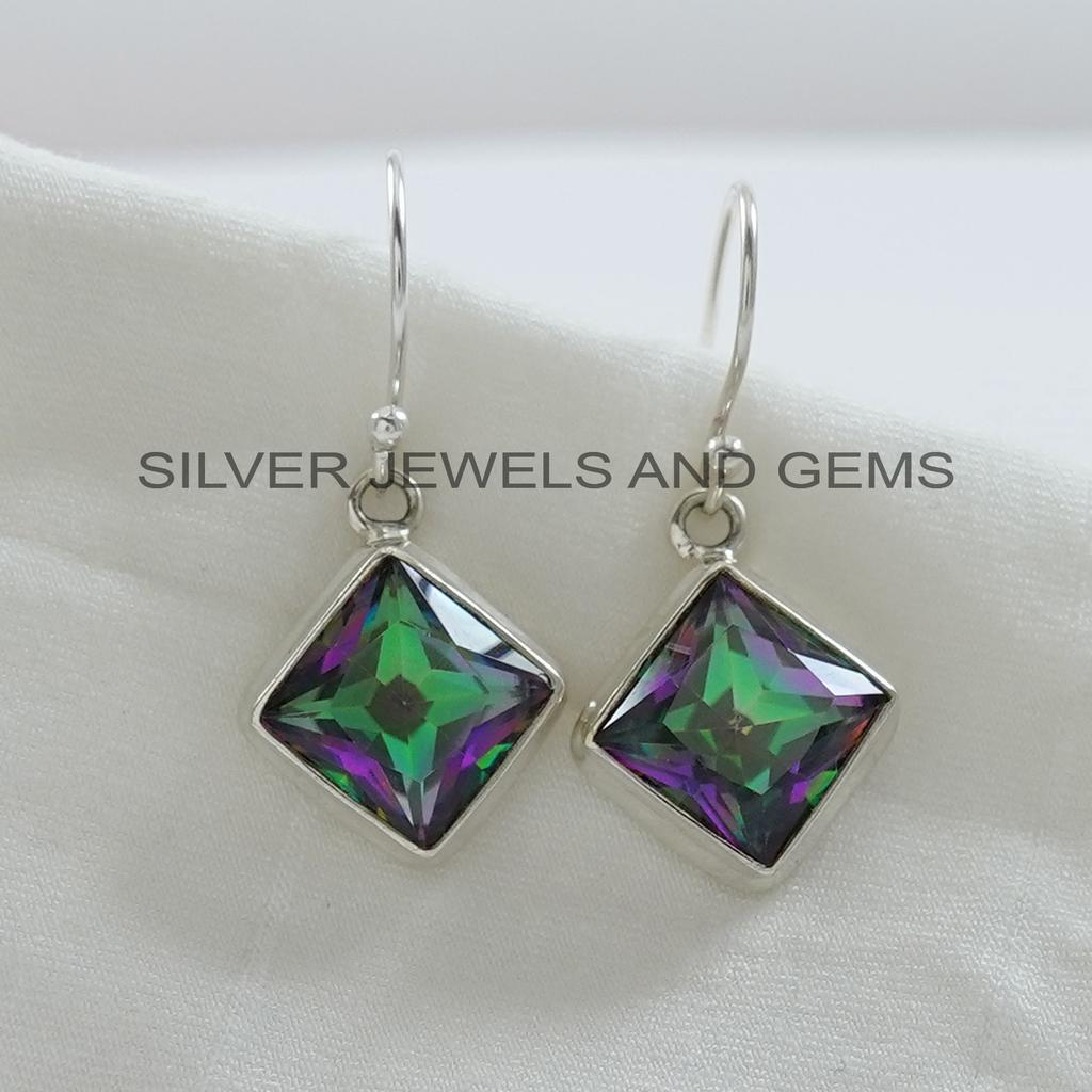 Mystic Topaz Earrings, Handmade Earrings for Her, 925 Sterling Silver Square Topaz Earring, Birthday Gift, Gift for Friends