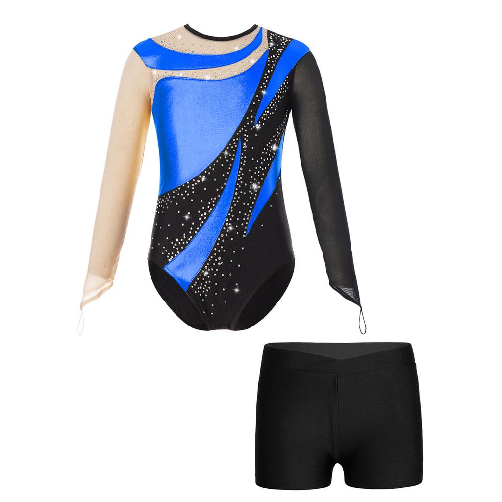 Kids Girls Gymnastics Figure Skating Outfit Patchwork Leotard Mesh Long Sleeve Keyhole Back Bodysuit with Shorts