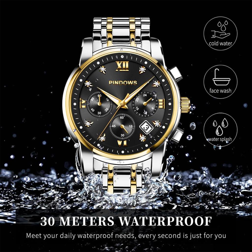 PINDOWS Diamond Business Dress Analog Quartz Luxury Waterproof Luminous Date Stainless Steel Classic Fashion Watch Men's Watch, Display, Two-Tone