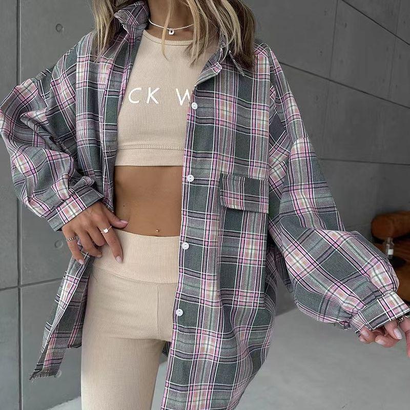 Fashion Style Retro Loose Lapel Versatile Cardigan Plaid Shirt Loose Cardigan Plaid Shirt