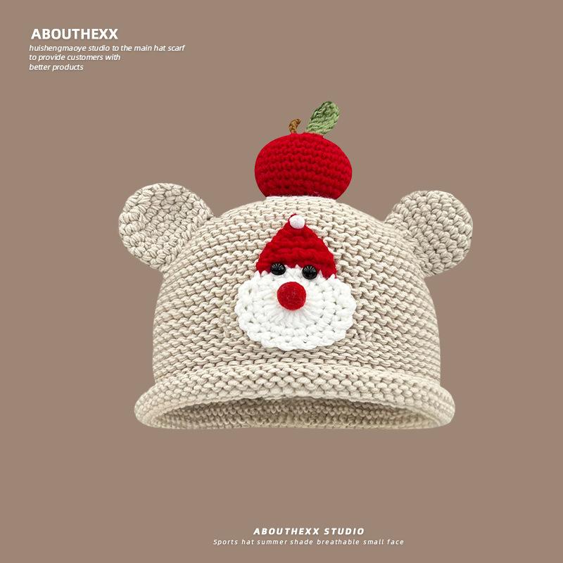 Cute Bear Apple Knitted Hat for Women New Autumn and Winter Warm and Versatile Pullover Hat Showing Face Small Woolen Hat