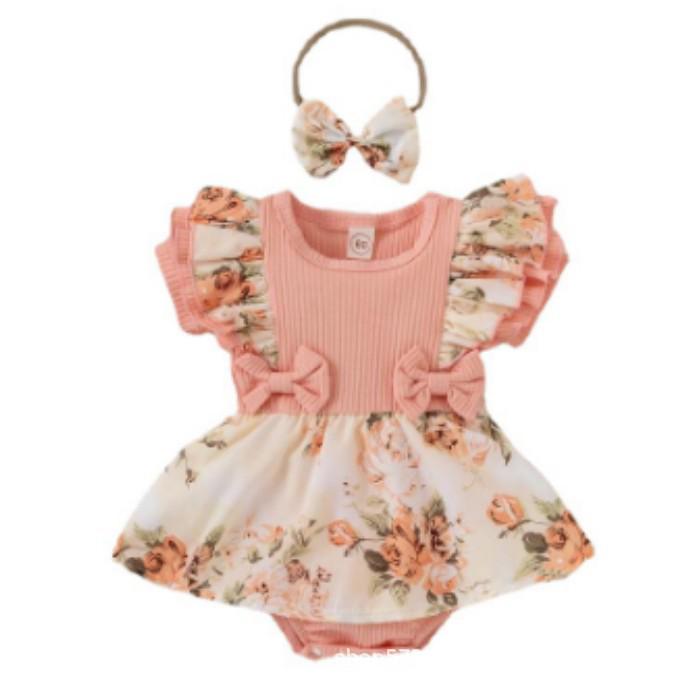 Newborn Floral Lace Bow Jumpsuit Dress for Baby Girls