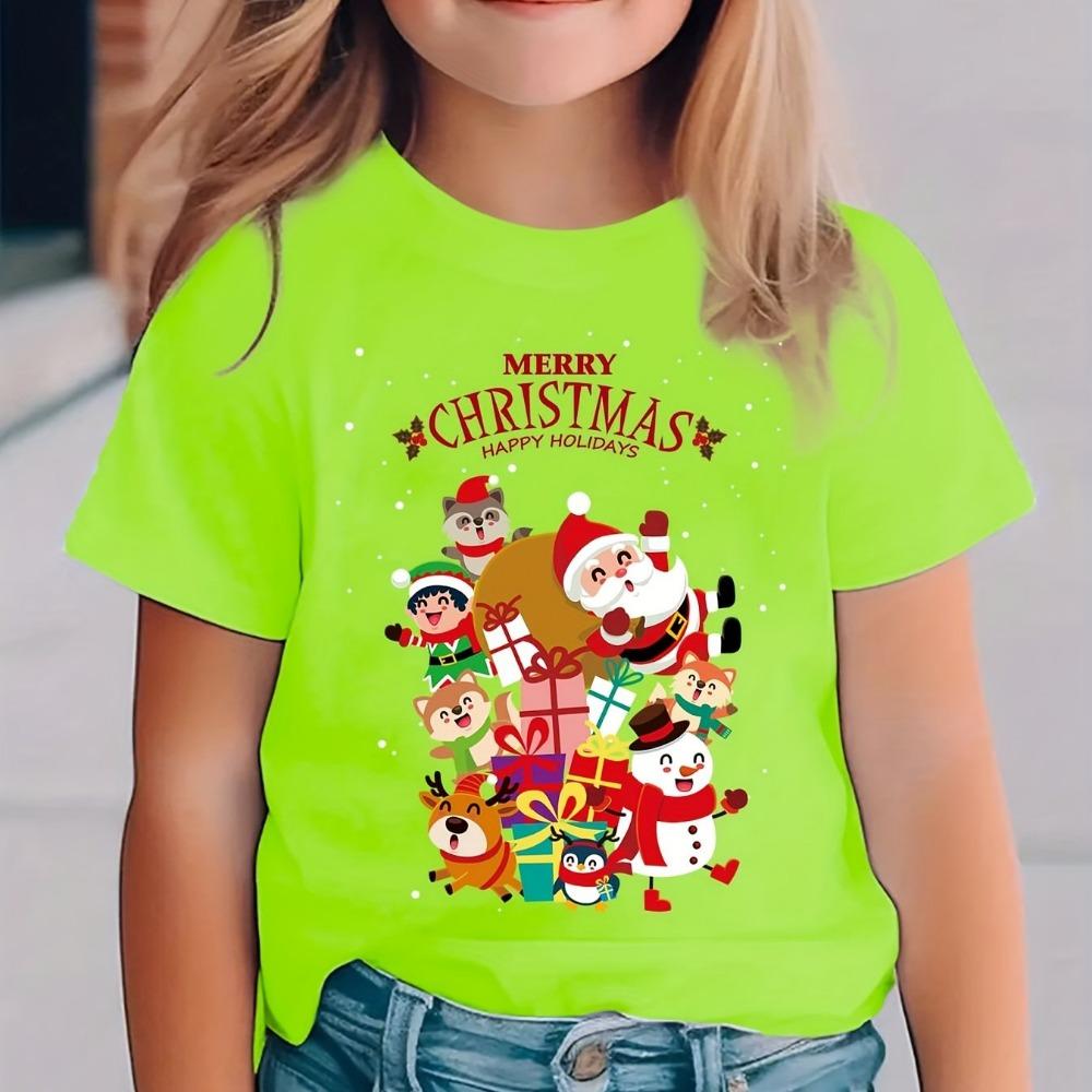 Christmas Summer Fashion Girls' Short Sleeved T-shirt with Santa Claus, Snowman, Cartoon Pattern Print