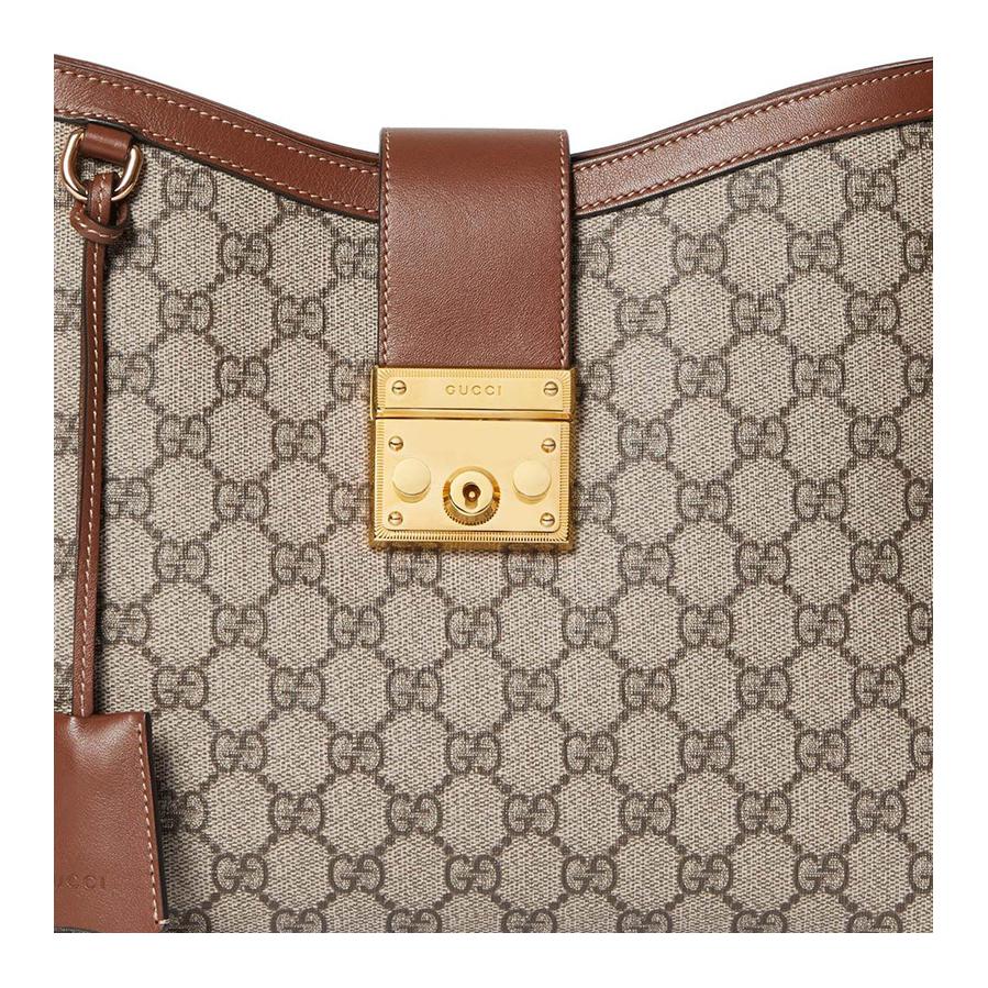 Gucci Padlock Lock Closure Chain Strap Canvas And Leather Trimmed Tote Shoulder Bag Women handbags Beige Ebony 795113-KHNKG-8534