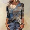 Trendy Vintage 3/4 Sleeve Top For Women,Ladies Casual Three Quarter Sleeve Round Collar Printed T-Shirt Blouse