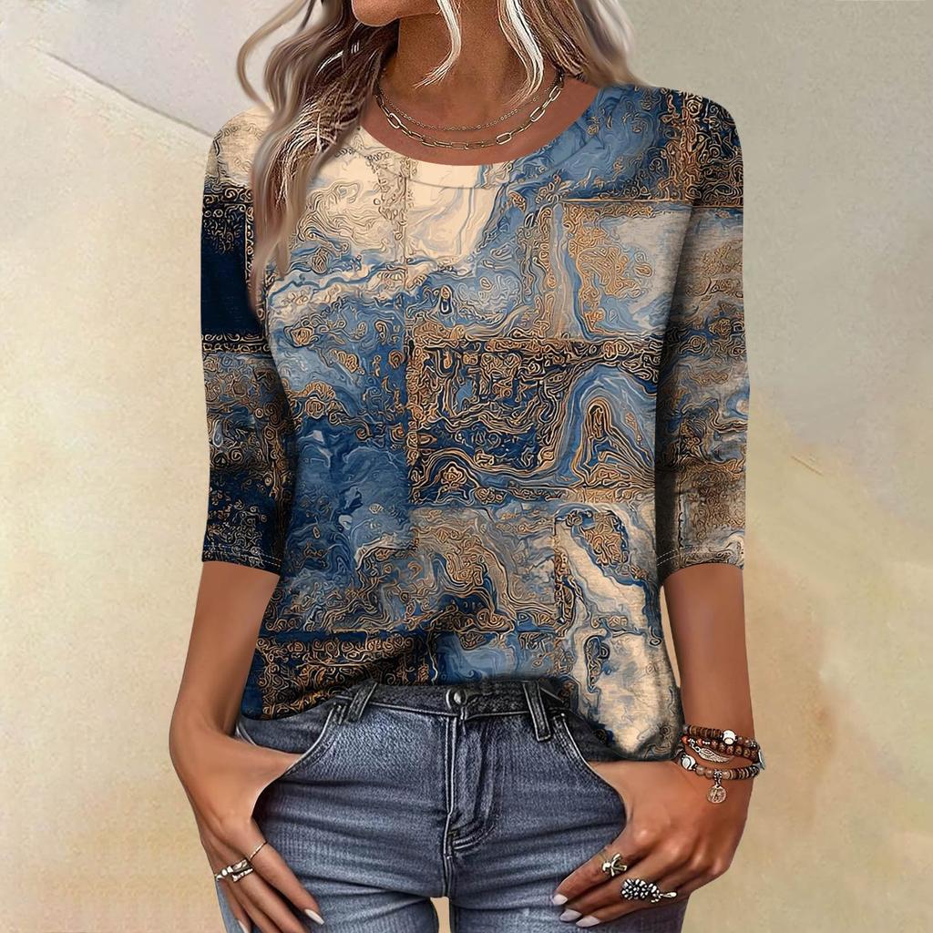Trendy Vintage 3/4 Sleeve Top For Women,Ladies Casual Three Quarter Sleeve Round Collar Printed T-Shirt Blouse