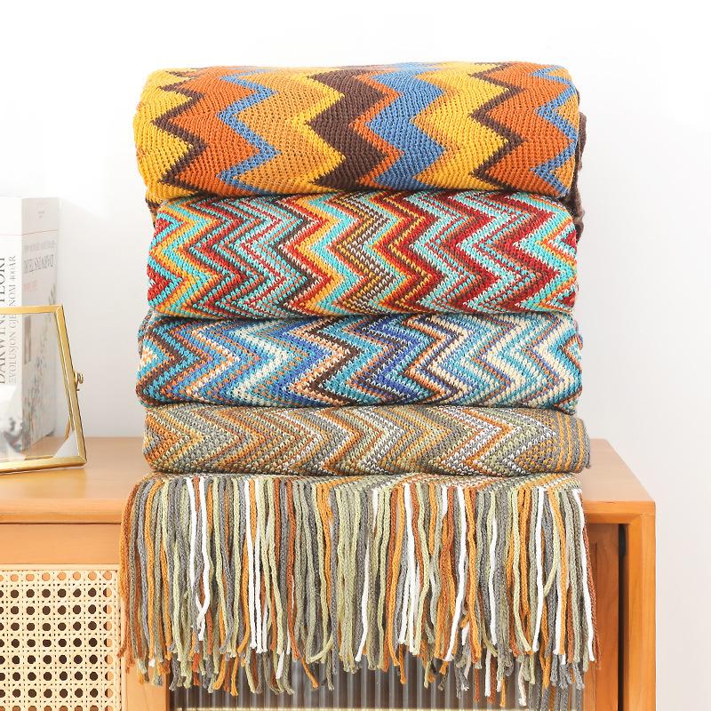 Boho Knitted Fringe Throw Blanket Colorful Chevron Pattern Cozy Soft Tassel Blanket For Sofa Bed Office Travel