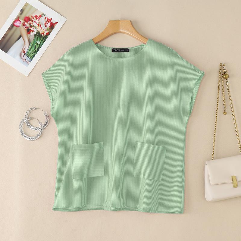 ZANZEA Blusa Casual de Verano para Mujer con Cuello Redondo y Manga Corta a Rayas