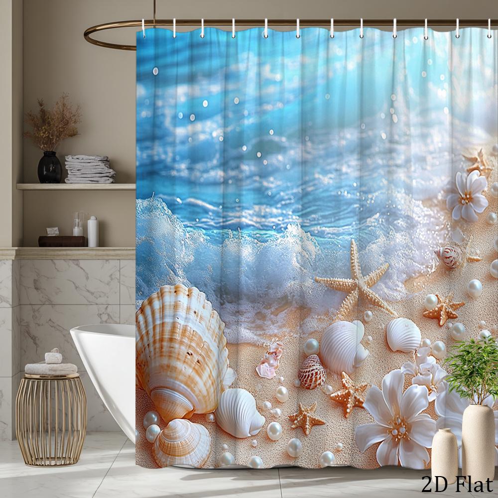 Beach Coastal Seashell Ocean Shower Curtain Waterproof Tropical Bathroom Decor Curtain Nautical Starfish Design