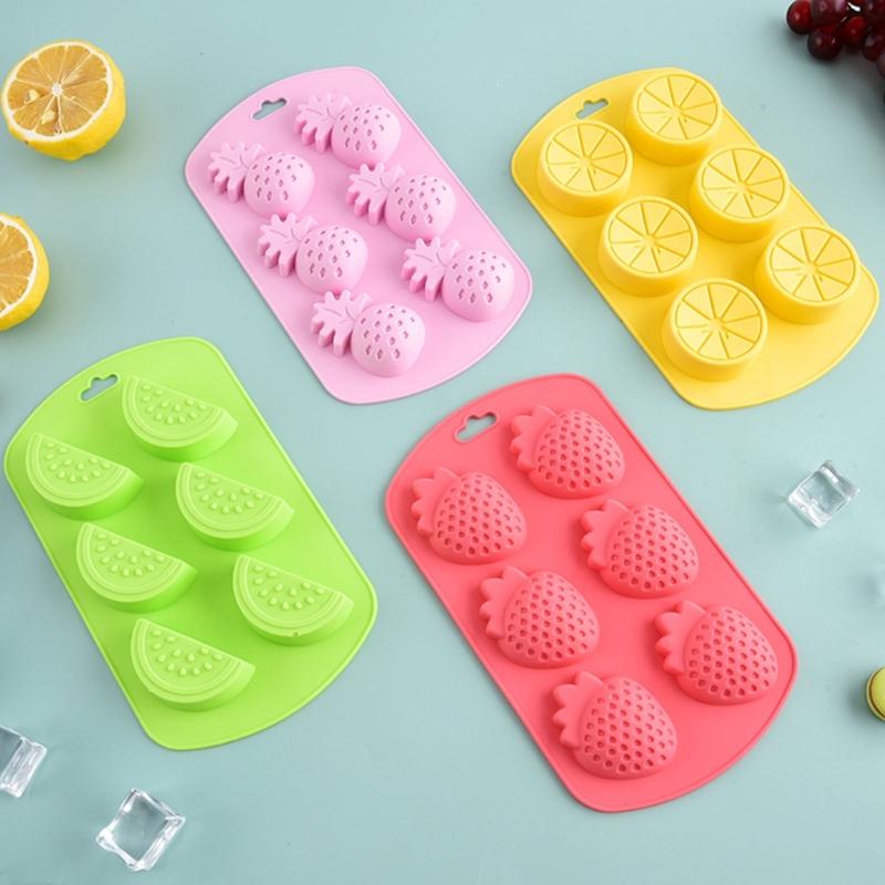 Pack of 4 Silicone Fruit Shaped Ice Molds Strawberry Watermelon Pineapple Lemon Mould for Creative Baking