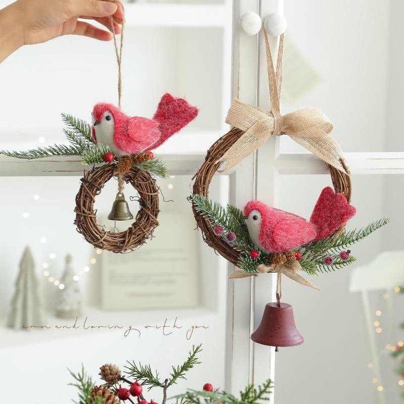 Fabric Christmas Bird Wreath Bell Pendant Pendant Door Hanging Wall Hanging Wood Simulation Decoration Pendant
