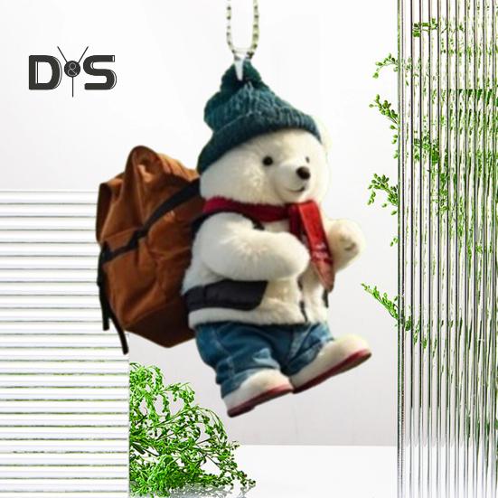 Roztomilý medvěd zpětné zrcátko přívěsek stylový batoh design medvěda realistické ozdoba bílého medvěda pro auto domů vánoční stromek jedinečný dárek