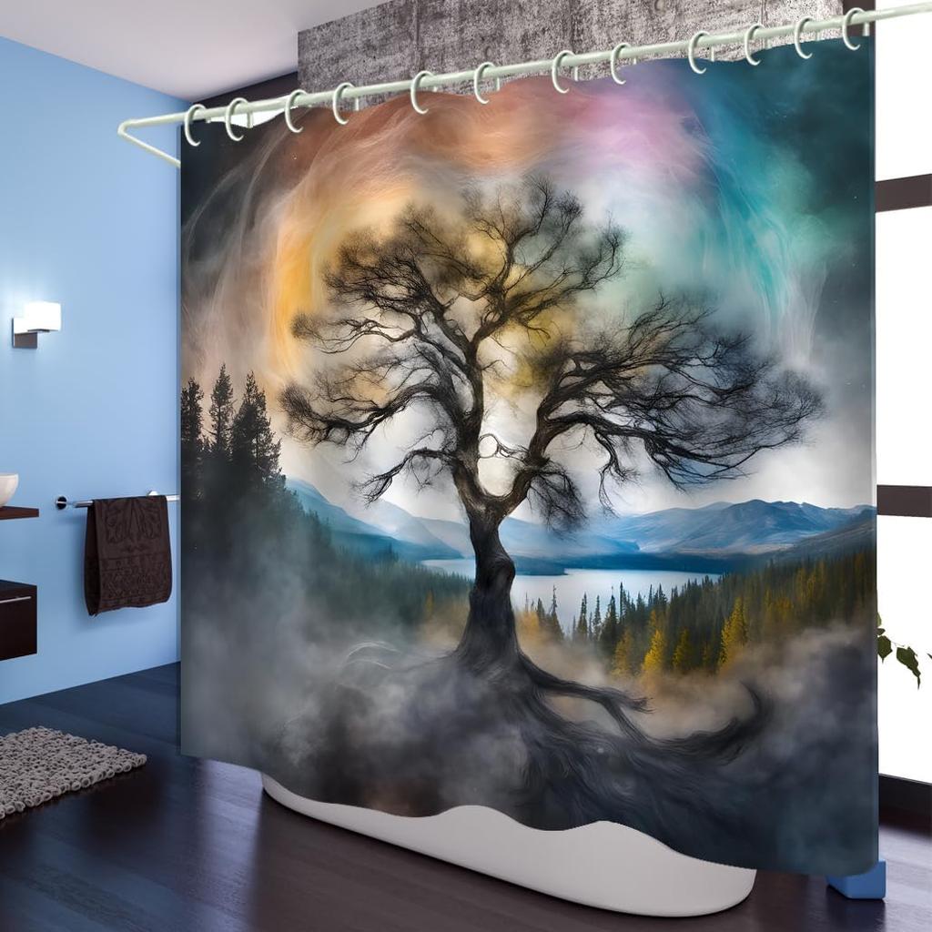 Bright Fabric Shower Curtain, Fantasy Tree Themed Design Art Shower Curtain, Bathroom Decor Set, 12 Shower Curtain Hooks (72 "Wx