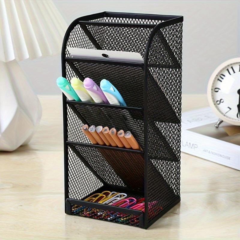 Four-layer Black Mesh Office Desk Storage Box - Multi-functional Pen Holder for School, Home Office and Art Supplies