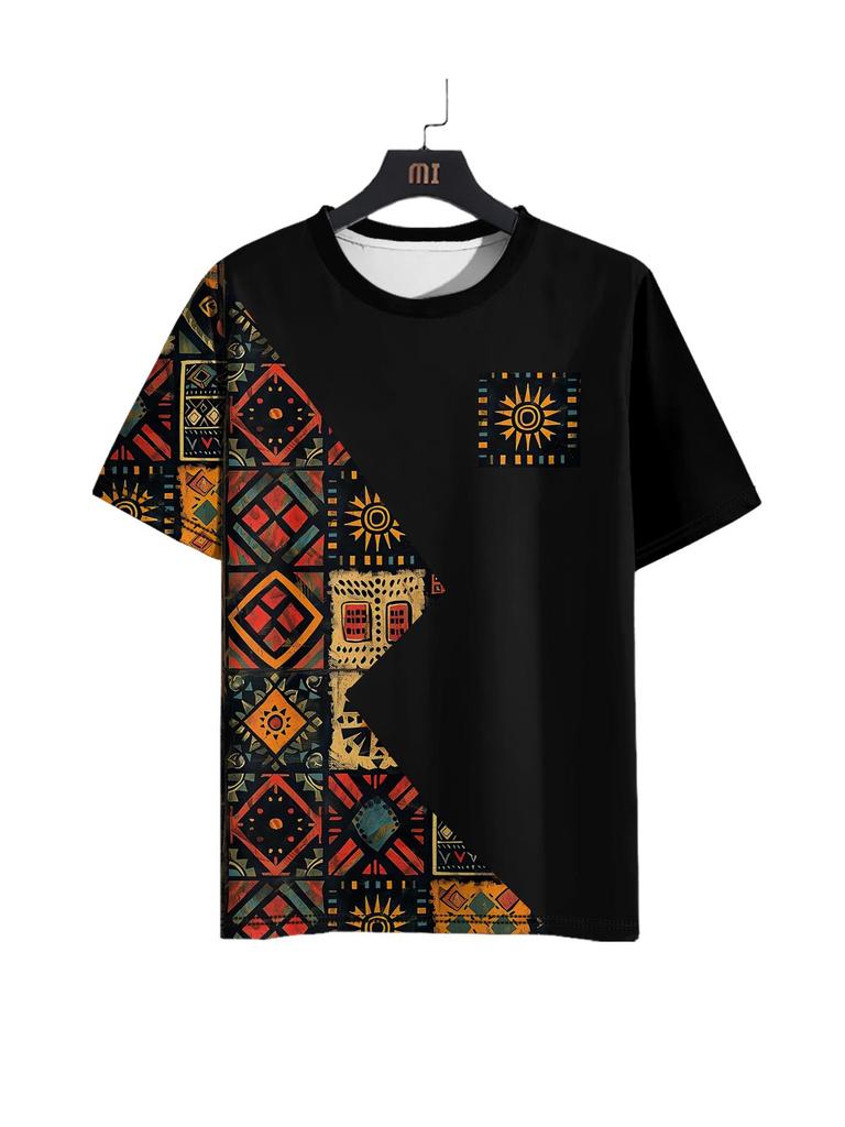 Vintage Ethnic Style Pattern Printed Men's T-Shirt Outdoor Casual Round Neck Short-Sleeved Tops Street Male Oversized Clothing