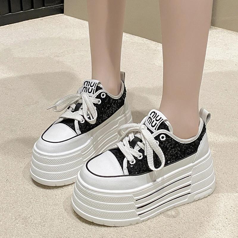 Fashion Bling Leather Flats Casual Dad Shoes Chunky Sneakers Women Platform Sports Shoes Ladies Skateboard Hidden Heels Shoes Tennis