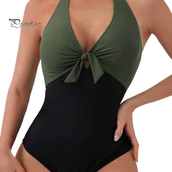 Women Sexy Summer Monokini Halter Deep V-Neck One-piece Swimsuit Patchwork Color Bowknot Decor High Waist Backless Beachwear