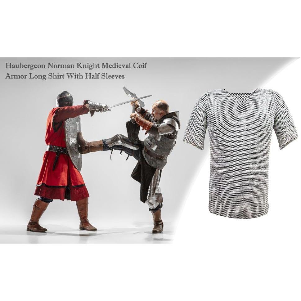 Haubergeon Norman Knight Medieval Coif Armor Set (Full Size Adult) Long Shirt With Half Sleeves | Costume Armour | Halloween & Cosplay Dress Accessory