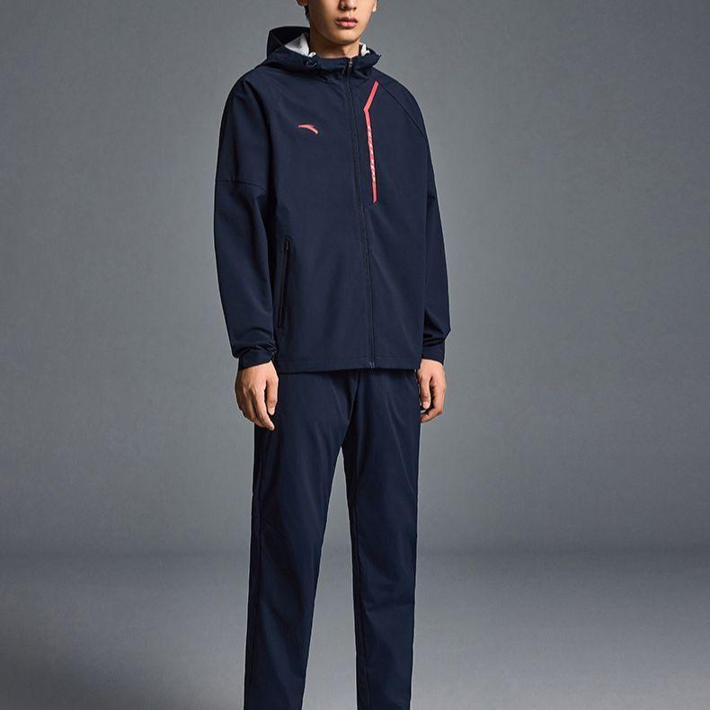 Anta Logo Print Zip-Up Hooded Windbreaker Jacket Men outerwear Blue 952237605-2