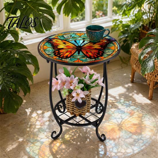 Mesa Lateral Externa Talos, Redonda Pequena Mosaico Pássaro Borboleta Acento de Pátio, Mesa de Apoio para Plantas Café Chá Interna para Quintal Varanda Jardim Sala de Estar, Quarto