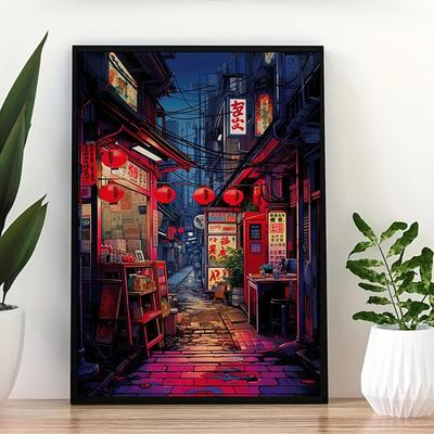 1 Frameless Japanese Style Night View Poster of Urban Alleys, Tokyo Street Art Prints, Perfect Creative Canvas Wall Art Painting