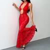 Women's Sexy Solid Color Halter Neck Hollow Out Sheer Lace Slim Fit Mermaid Maxi Evening Party Dress