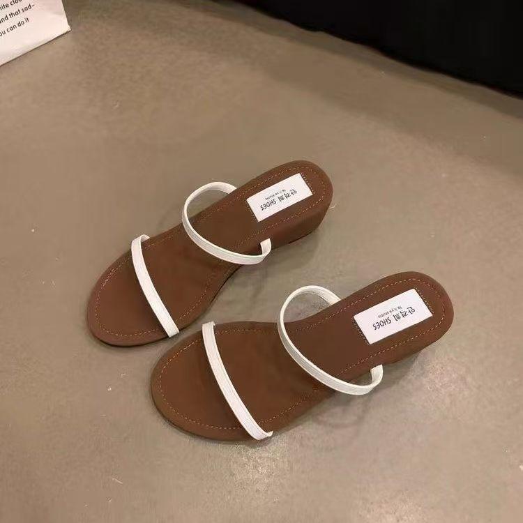 Thin Strap French Sandals Sandals Versatile Soft Leather Wedge Heel One Word Cool Slippers Women's Shoes Wear New In Summer 2025