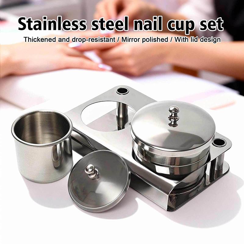 2 Stück/Set Maniküre Acryl Flüssigpulver Edelstahlbehälter Schale Dappen-Schale Desinfektionsbecher mit Deckel Nagelkunstwerkzeug