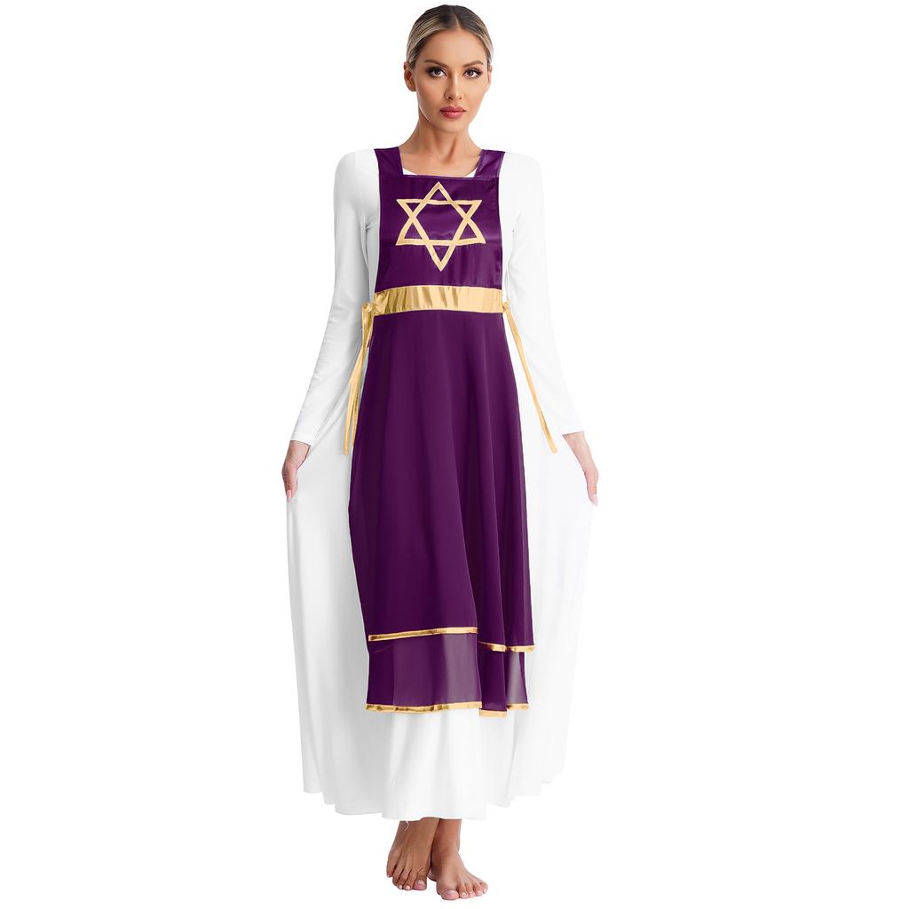 Women's Sleeveless Praise Dance Dress Tunic Metallic Hexagram Lace-up Worship Dance Costume buy the best products in the Ayzeze online store Women's Sleeveless Praise Dance Dress Tunic Metallic Hexagram Lace-up Worship Dance Costume buy the best products in the Ayzeze online store