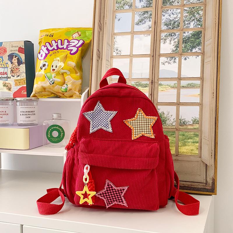 Corduroy Backpack Women'S Style Solid Color Versatile Star Schoolbag Female Middle School Student Small Backpack