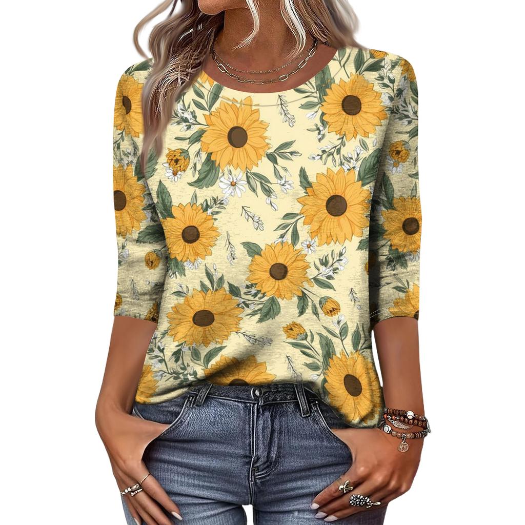Moda damska Casual Okrągły dekolt Rękaw 3/4 Luźny T-Shirt z nadrukiem Damski top