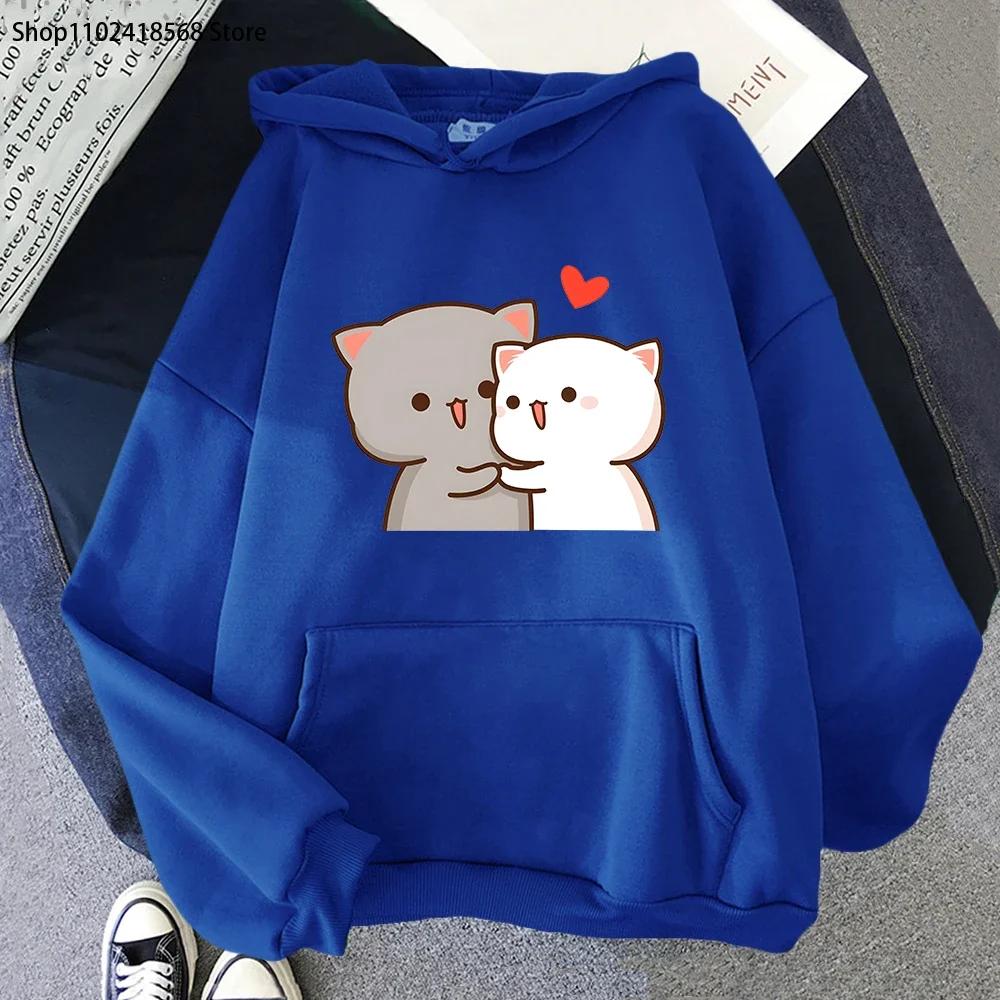 Cartoon Cute Peach Cat Hoodies Women Aesthetic Clothing Kawaii Sweatshirts for Girls Winter Fleee Pink Tops Long Sleeve