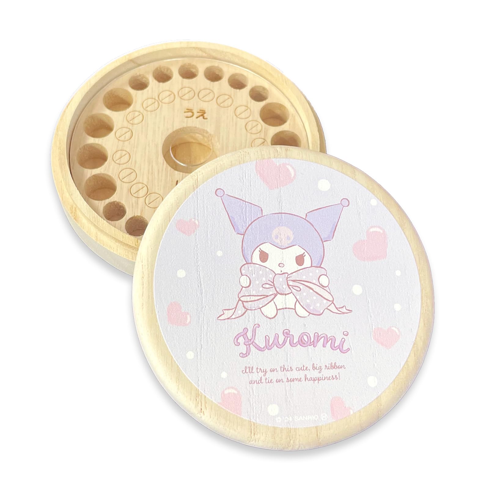 

Футляр для молочных зубов Sanrio Characters Kuromi с большой лентой, SANRIO Kuromi ARASE Персонаж Круглый футляр для молочных зубов из дерева павловнии