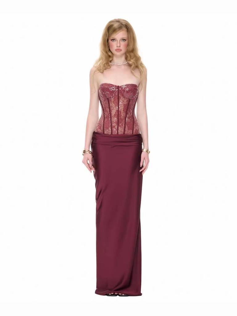 Wine Red Strapless Lace Slim Fit Long Dress - Stylish Streetwear for Hot Dates