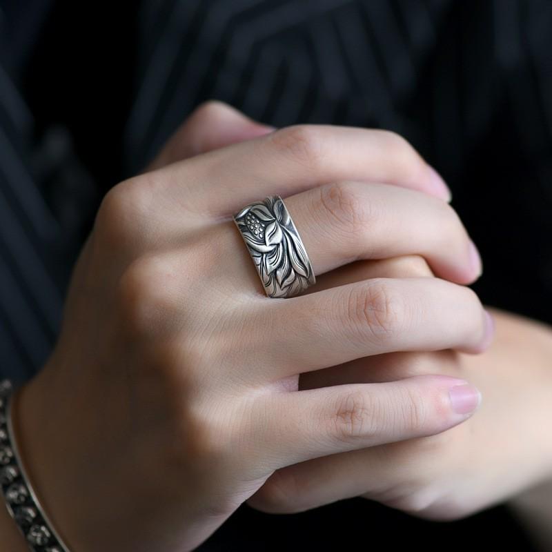 Adjustable Open Ring Men Women Vintage Floral Lotus Design Plated Geometric Band Unisex Fashion Jewelry