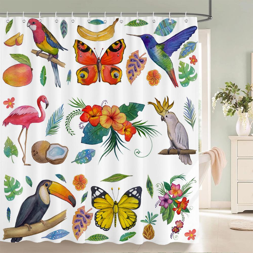 Bunter Vogel Schmetterling Flamingo Stoff Duschvorhang Badezimmer Vorhänge Mit Haken Wasserdicht Druck Badvorhang Heimdekor