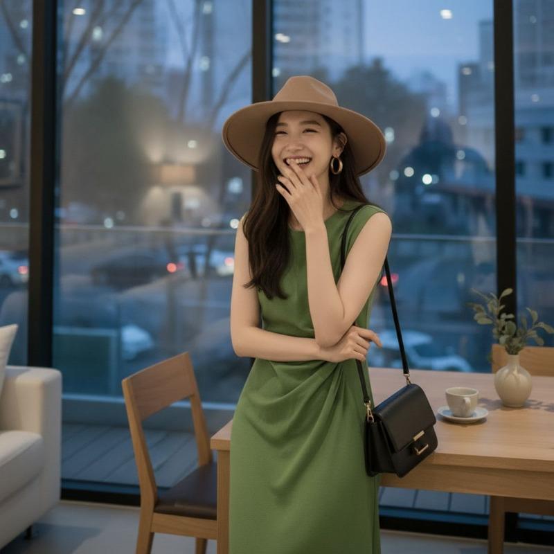 

Womens Solid Color Round Neck Cap Sleeve Ruched Waist Midi Dress S зелений