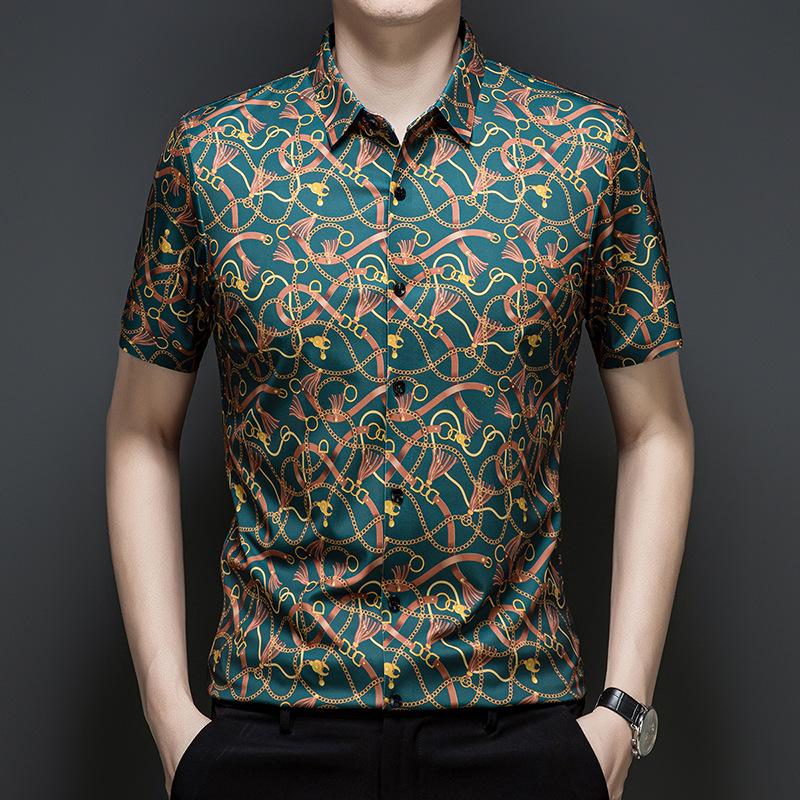

Men s Green Chain Print Short Sleeve Button Down Shirt M зелёный